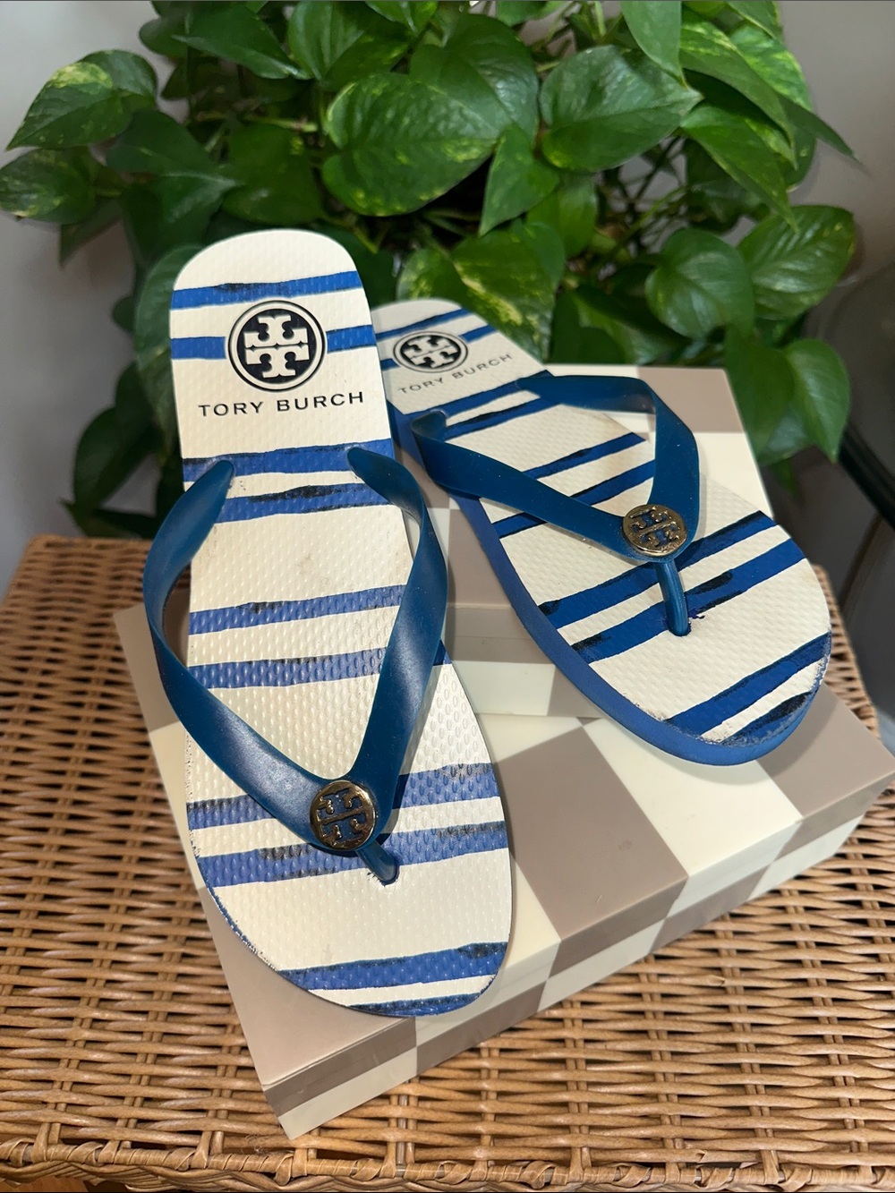 Tory Burch Blue and White Striped Logo Flip Flop Sandals size 8.5